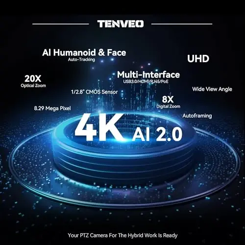 Tenveo 4K PTZ Camera, AI Humanoid & Face Auto-Tracking, 20X Optical + 8X Digital Zoom, USB3.0/HDMI/LAN PoE IP Live Streaming for Church Worship Broadcast Events Video Conference YouTube OBS - 2