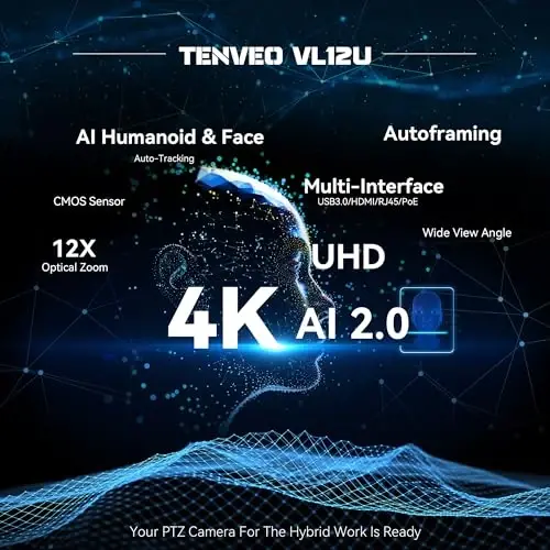 Tenveo 4K PTZ Camera, AI Humanoid & Face Auto-Tracking, 12X Optical Zoom Wide Angle, USB3.0/HDMI/LAN PoE IP Live Streaming for Church Video Conference Broadcast Zoom Teams YouTube OBS - 4