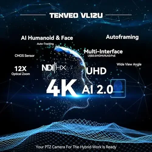 Tenveo NDI PTZ Camera 4K AI Auto-Tracking 12X Optical Zoom USB3.0 LAN PoE HDMI Wide Angle Lens IP Live Streaming Camera for Church Worship Video Conference Broadcast Events YouTube OBS vMix - 2