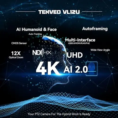 Tenveo NDI PTZ Camera 4K AI Auto-Tracking 12X Optical Zoom USB3.0 LAN PoE HDMI Wide Angle Lens IP Live Streaming Camera for Church Worship Video Conference Broadcast Events YouTube OBS vMix - 2