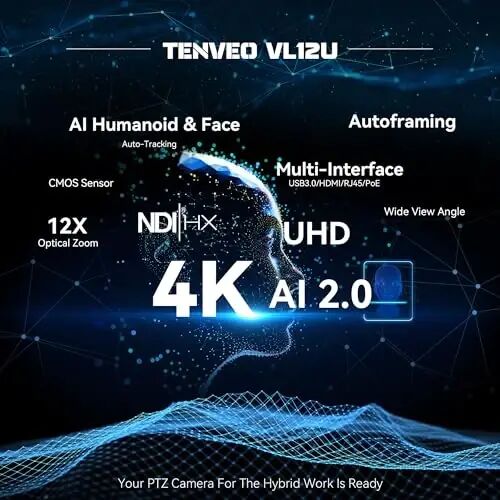 Tenveo NDI PTZ Camera 4K AI Auto-Tracking 12X Optical Zoom USB3.0 LAN PoE HDMI Wide Angle Lens IP Live Streaming Camera for Church Worship Video Conference Broadcast Events YouTube OBS vMix - 2