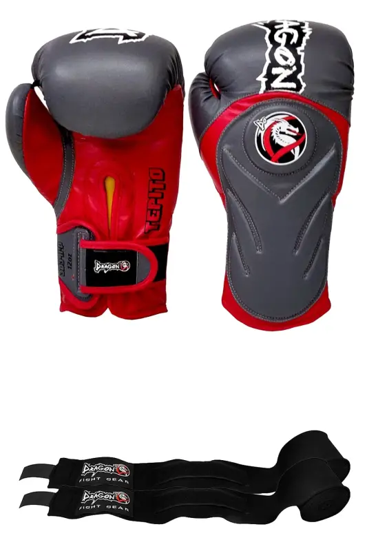 Tepito Boks Eldiveni Muay Thai Kick Boks Eldiveni Ve Bandaj 2'li Set - Gri-Kırmızı - 1