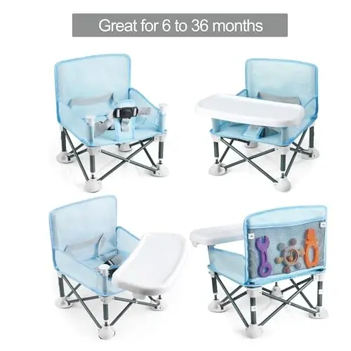 PandaEar Portable Travel Booster Seat with Tray| Folding Baby Seat Booster High Chair for Dining Table| Compact Camping Chair for Lawn, Beach Indoor/Outdoor Use| Toddlers, Kids (Light Blue) - 2
