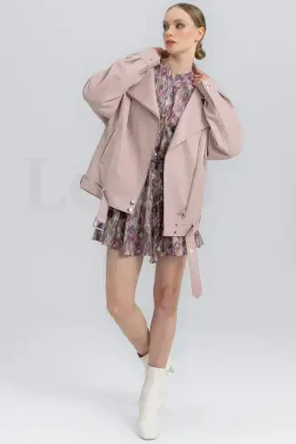 Teri kurtka ayollar - Haqiqiy charm kurtka ayollar haqiqiy charm biker kurtka katta hajmli charm kurtka - pushti upa charm kurtka - 5