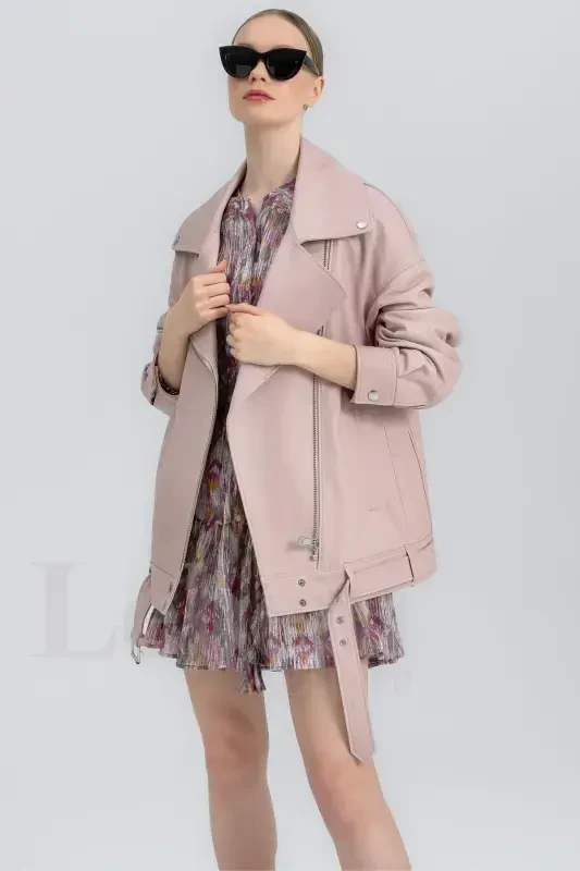 Teri kurtka ayollar - Haqiqiy charm kurtka ayollar haqiqiy charm biker kurtka katta hajmli charm kurtka - pushti upa charm kurtka - 6