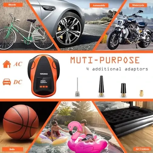 TEROMAS Tire Inflator Portable Air Compressor, Air Pump DC/AC for Car Tires 12V DC and Other Inflatables at Home 110V AC, Digital Electric Tire Pump with Pressure Gauge(Orange) - 3