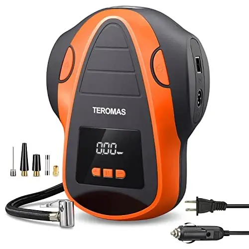 TEROMAS Tire Inflator Portable Air Compressor, Air Pump DC/AC for Car Tires 12V DC and Other Inflatables at Home 110V AC, Digital Electric Tire Pump with Pressure Gauge(Orange) - 1