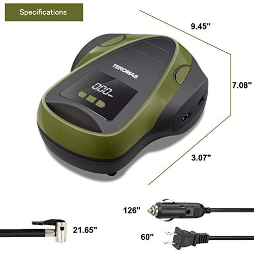 TEROMAS Portativ Havo Kompressori, Avtomobil Shinalari uchun 12V DC va Uyda Boshqa Narsalar uchun 110V AC Havo Nasosi, Bosim O'lchagichli Raqamli Elektr Shinalar Nasosi (Yashil) - 5