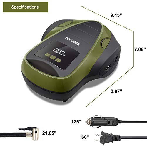 TEROMAS Portativ Havo Kompressori, Avtomobil Shinalari uchun 12V DC va Uyda Boshqa Narsalar uchun 110V AC Havo Nasosi, Bosim O'lchagichli Raqamli Elektr Shinalar Nasosi (Yashil) - 5