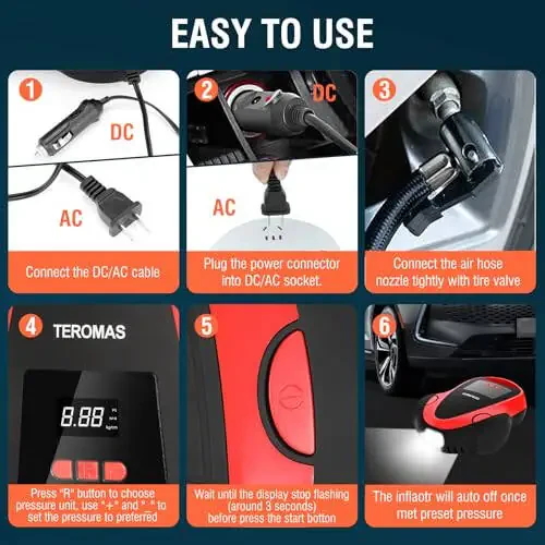 TEROMAS Tire Inflator Portable Air Compressor, Air Pump DC/AC for Car Tires 12V DC and Other Inflatables at Home 110V AC, Digital Electric Tire Pump with Pressure Gauge(Red) - 2