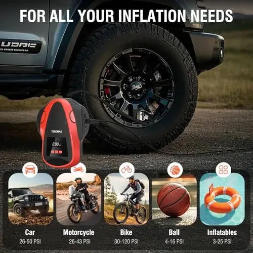 TEROMAS Tire Inflator Portable Air Compressor, Air Pump DC/AC for Car Tires 12V DC and Other Inflatables at Home 110V AC, Digital Electric Tire Pump with Pressure Gauge(Red) - 5