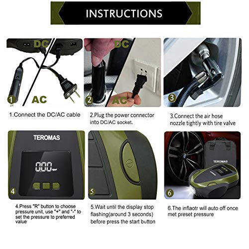TEROMAS Tire Inflator Portable Air Compressor, Air Pump DC/AC for Car Tires 12V DC and Other Inflatables at Home 110V AC, Digital Electric Tire Pump with Pressure Gauge(Green) - 4