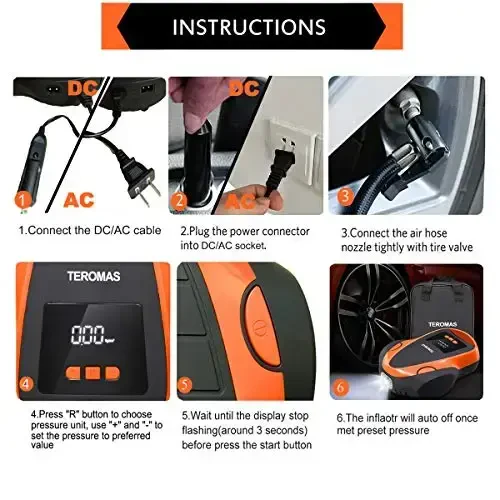 TEROMAS Tire Inflator Portable Air Compressor, Air Pump DC/AC for Car Tires 12V DC and Other Inflatables at Home 110V AC, Digital Electric Tire Pump with Pressure Gauge(Orange) - 4
