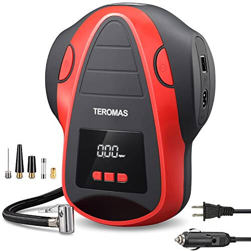 TEROMAS Tire Inflator Portable Air Compressor, Air Pump DC/AC for Car Tires 12V DC and Other Inflatables at Home 110V AC, Digital Electric Tire Pump with Pressure Gauge(Red) - 1