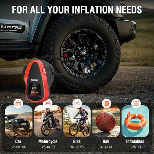 TEROMAS Tire Inflator Portable Air Compressor, Air Pump DC/AC for Car Tires 12V DC and Other Inflatables at Home 110V AC, Digital Electric Tire Pump with Pressure Gauge(Red) - 5