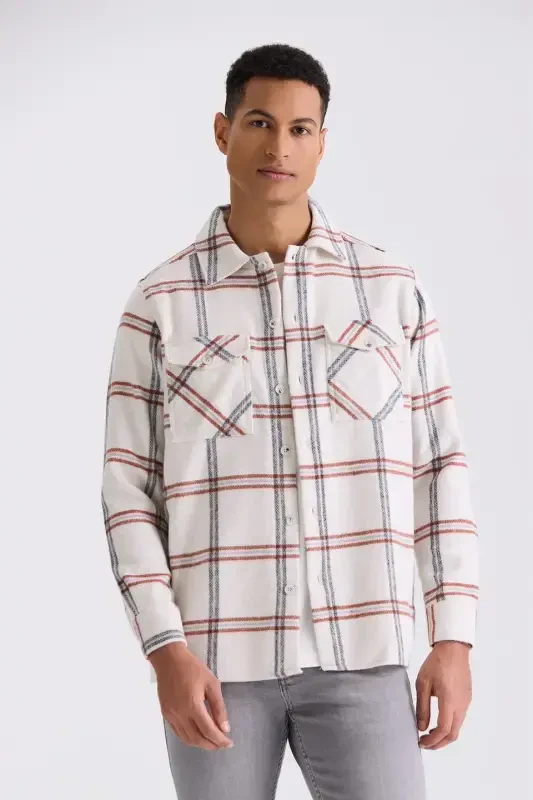 Terracotta Oversized Loose Plaid Cotton Pocket Lumberjack Shirt - 1