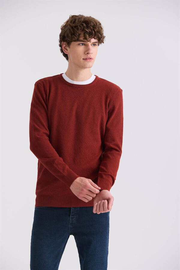 Terracotta Slim Fit Crew Neck Patterned Knit Sweater - 5