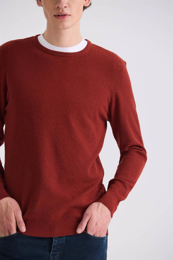 Terracotta Slim Fit Crew Neck Patterned Knit Sweater - 7