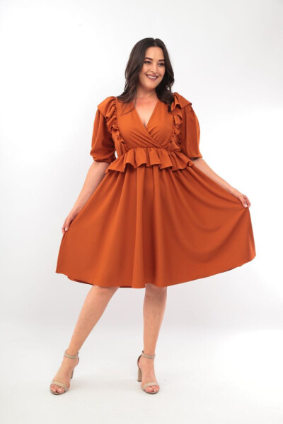 Terracotta Wrap Neck Mini Ruffled Plus Size Chiffon Dress - 3