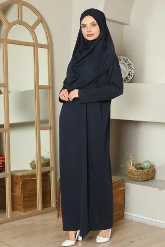 Tesbih Hediyeli Boydan Giymeli Tek Parça Namaz Elbisesi-LACİVERT 
