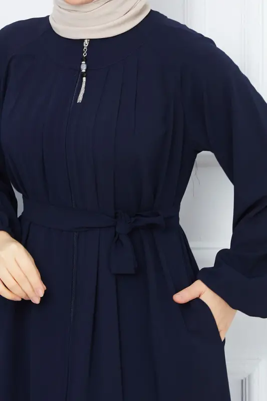 Tesettür Giyim Medine Ipeği Robalı Pileli Islami Bol Kesim Ferace Giy Çık Kap-LACİVERT - 5