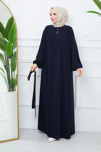 Tesettür Giyim Medine Ipeği Robalı Pileli Islami Bol Kesim Ferace Giy Çık Kap-LACİVERT - 6