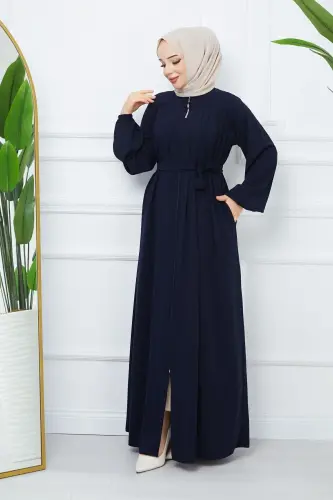 Tesettür Giyim Medine Ipeği Robalı Pileli Islami Bol Kesim Ferace Giy Çık Kap-LACİVERT - MODA ESRE FASHION (1)