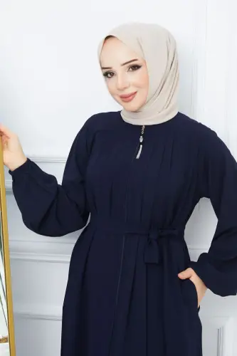 Tesettür Giyim Medine Ipeği Robalı Pileli Islami Bol Kesim Ferace Giy Çık Kap - LACİVERT 