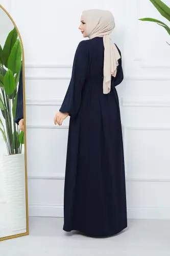 Tesettür Giyim Medine Ipeği Robalı Pileli Islami Bol Kesim Ferace Giy Çık Kap-LACİVERT - 3