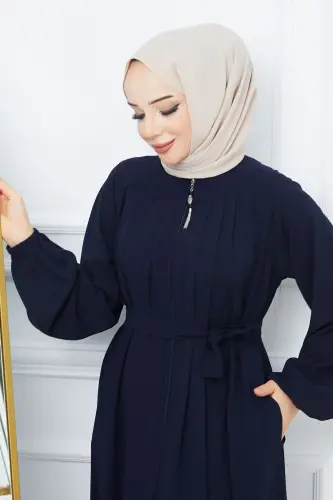 Tesettür Giyim Medine Ipeği Robalı Pileli Islami Bol Kesim Ferace Giy Çık Kap-LACİVERT - 4