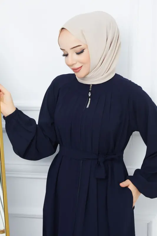 Tesettür Giyim Medine Ipeği Robalı Pileli Islami Bol Kesim Ferace Giy Çık Kap-LACİVERT - 4