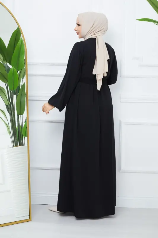 Tesettür Giyim Medine Ipeği Robalı Pileli Islami Bol Kesim Ferace Giy Çık Kap - SİYAH - 14