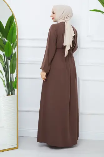 Tesettür Giyim Medine Ipeği Robalı Pileli Islami Bol Kesim Ferace Giy Çık Kap - VİZON - 12