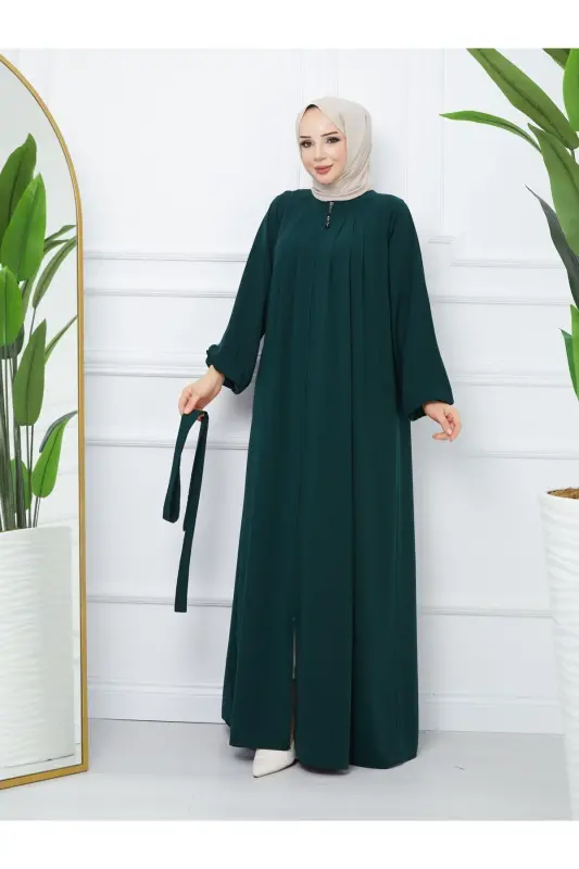 Tesettür Giyim Medine Ipeği Robalı Pileli Islami Bol Kesim Ferace Giy Çık Kap - YEŞİL - 2