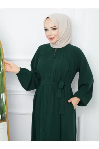 Tesettür Giyim Medine Ipeği Robalı Pileli Islami Bol Kesim Ferace Giy Çık Kap - YEŞİL - 8