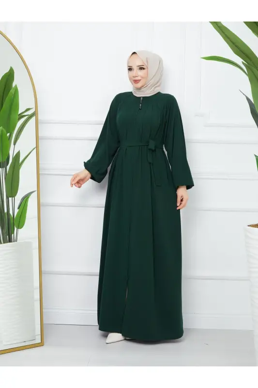 Tesettür Giyim Medine Ipeği Robalı Pileli Islami Bol Kesim Ferace Giy Çık Kap - YEŞİL - 11