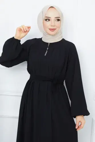 Tesettür Kiyim Madina Ipagi Robali Pileli Islami Bol Kesim Ferace Giy Çık Kap-SIYAH - MODA ESRE FASHION (1)