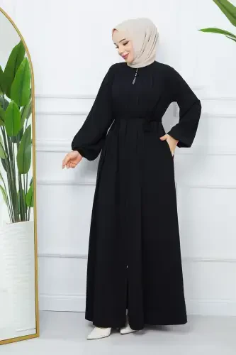 Tesettür Kiyim Madina Ipagi Robali Pileli Islami Bol Kesim Ferace Giy Çık Kap-SIYAH - 5