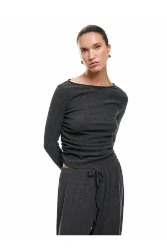 Textured Crinkle Fabric Draped Long Sleeve Bicycle Collar T-Shirt - KOTON (1)