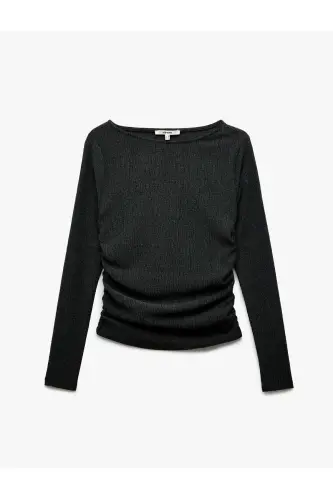 Textured Crinkle Fabric Draped Long Sleeve Bicycle Collar T-Shirt - 3