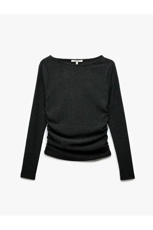 Textured Crinkle Fabric Draped Long Sleeve Bicycle Collar T-Shirt - 3