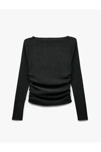 Textured Crinkle Fabric Draped Long Sleeve Bicycle Collar T-Shirt - 4