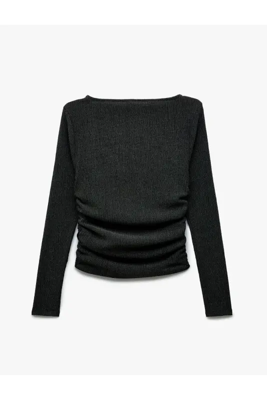 Textured Crinkle Fabric Draped Long Sleeve Bicycle Collar T-Shirt - 4