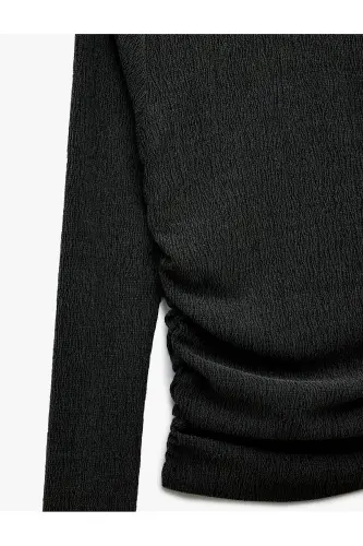 Textured Crinkle Fabric Draped Long Sleeve Bicycle Collar T-Shirt - 5