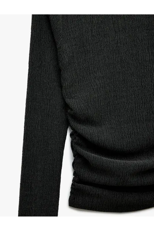 Textured Crinkle Fabric Draped Long Sleeve Bicycle Collar T-Shirt - 5