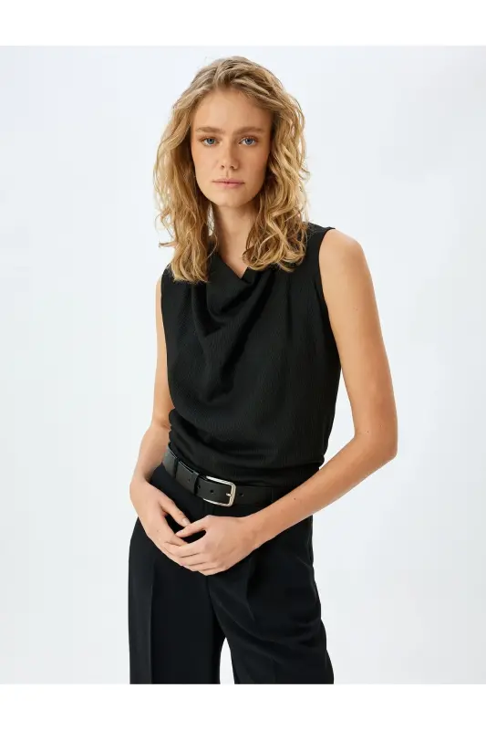 Textured Drape Collar Sleeveless Blouse - 1
