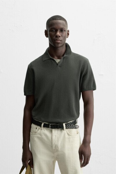 Textured Knit Polo T-Shirt - khaki - zara (1)