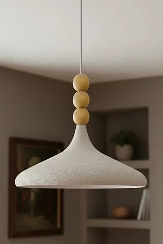 Textured Light Cream Champion Wooden Beaded Single Chandelier Pendant Living Room Kitchen Boutique Lamp - 8