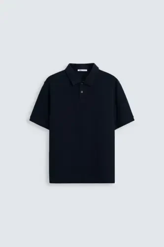 TEXTURED POLO T-SHIRT-NAVY BLUE - 1