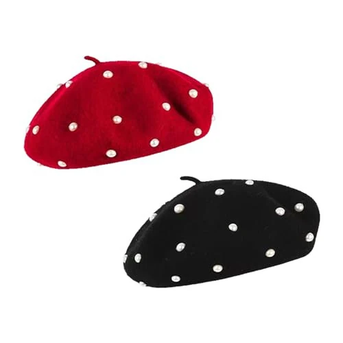 Tezuyok 2 Pcs Winter Wool Berets Pearl French Style Beanie Cap Solid Color Winter Hat Beaded Beret Cap for Women and Girls Casual Use （Black, Red） - Tezuyok